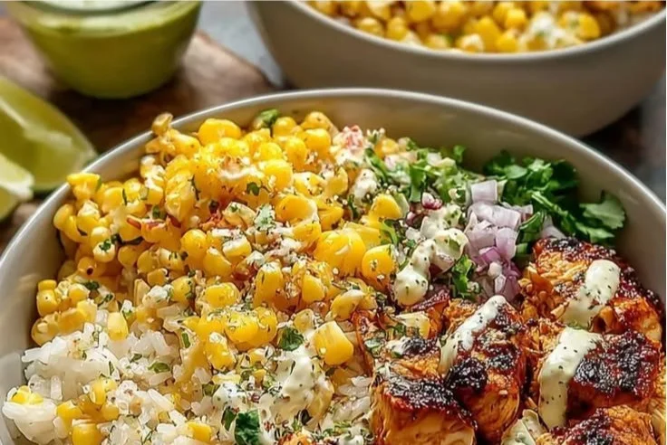 Colorful street corn chicken rice bowls topped with fresh ingredients and spices.