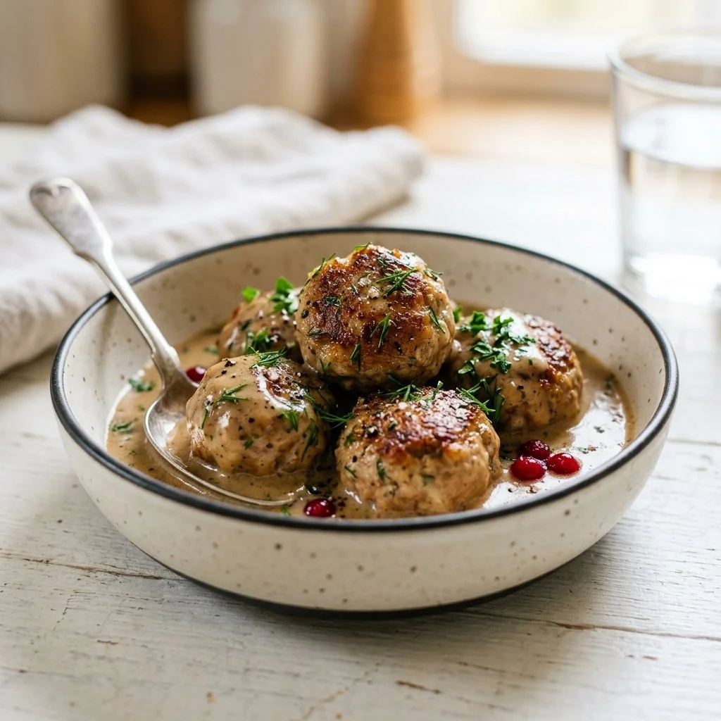 Delicious homemade Swedish meatballs served with creamy sauce and lingonberry jam.