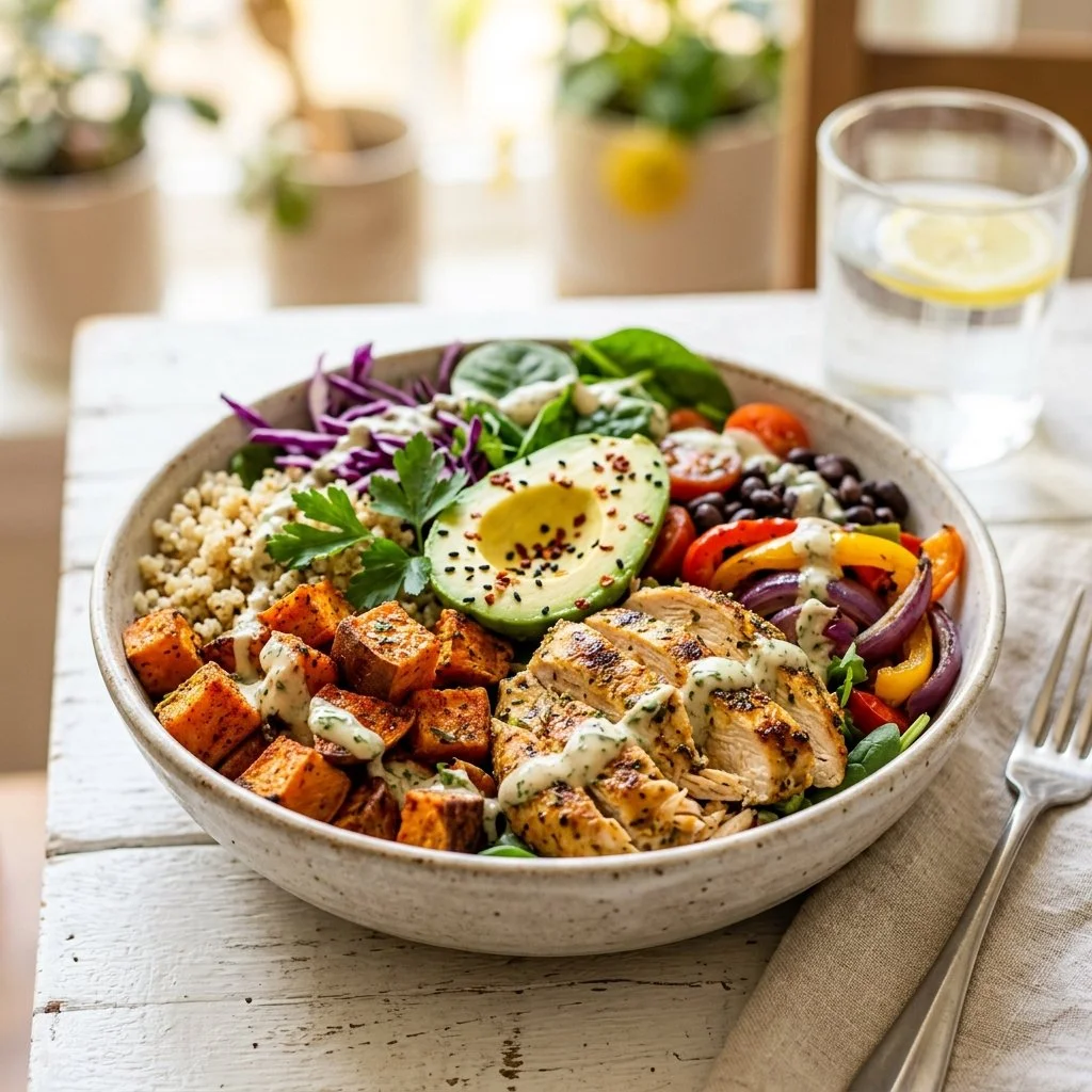 Delicious Sweet Potato Chicken Bowl with vibrant vegetables