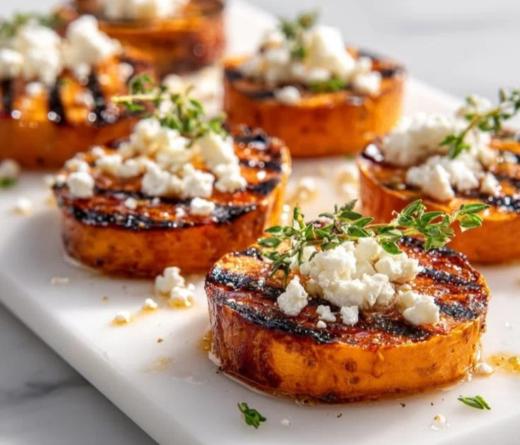 Sweet potato rounds topped with honey and feta, ready to serve.