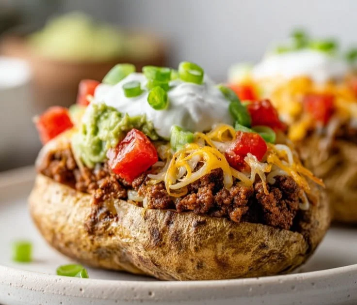 Deliciously topped Taco Potatoes with savory ingredients