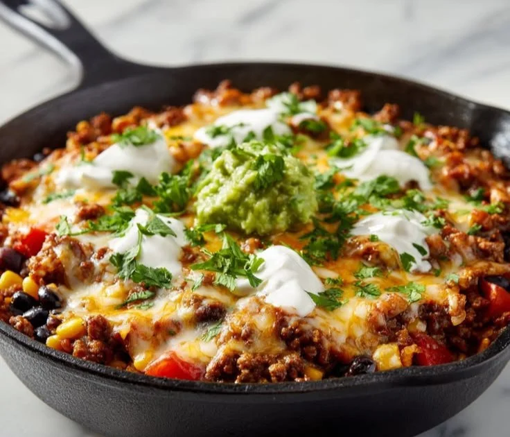 Delicious and colorful Taco Skillet meal served in a frying pan