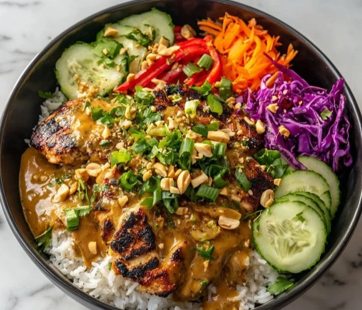 Thai-Style Peanut Chicken Bowl with chicken, vegetables, and peanut sauce