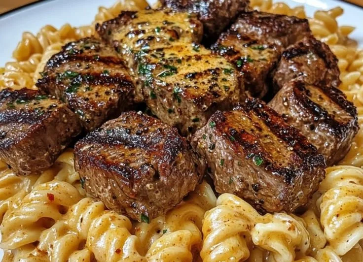 Creamy garlic butter steak bites served over pasta in a delicious dish