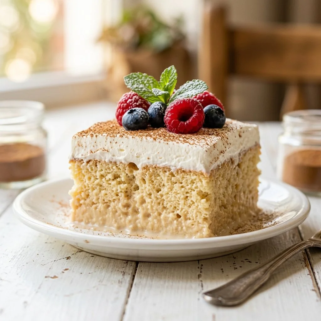Delicious tres leches cake topped with whipped cream and fruit.