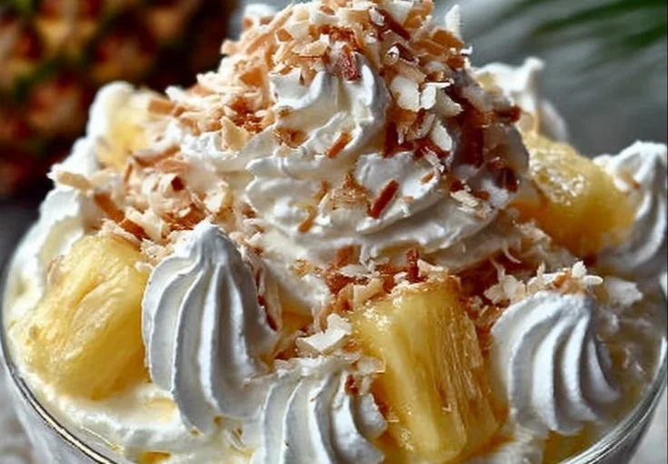 Delicious Pineapple Coconut Fluff dessert in a bowl with tropical garnishes