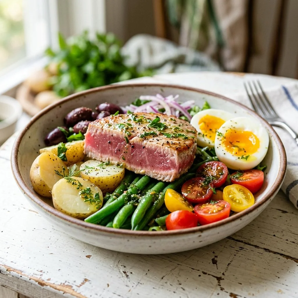 Tuna Nicoise Salad beautifully arranged with fresh vegetables and tuna.