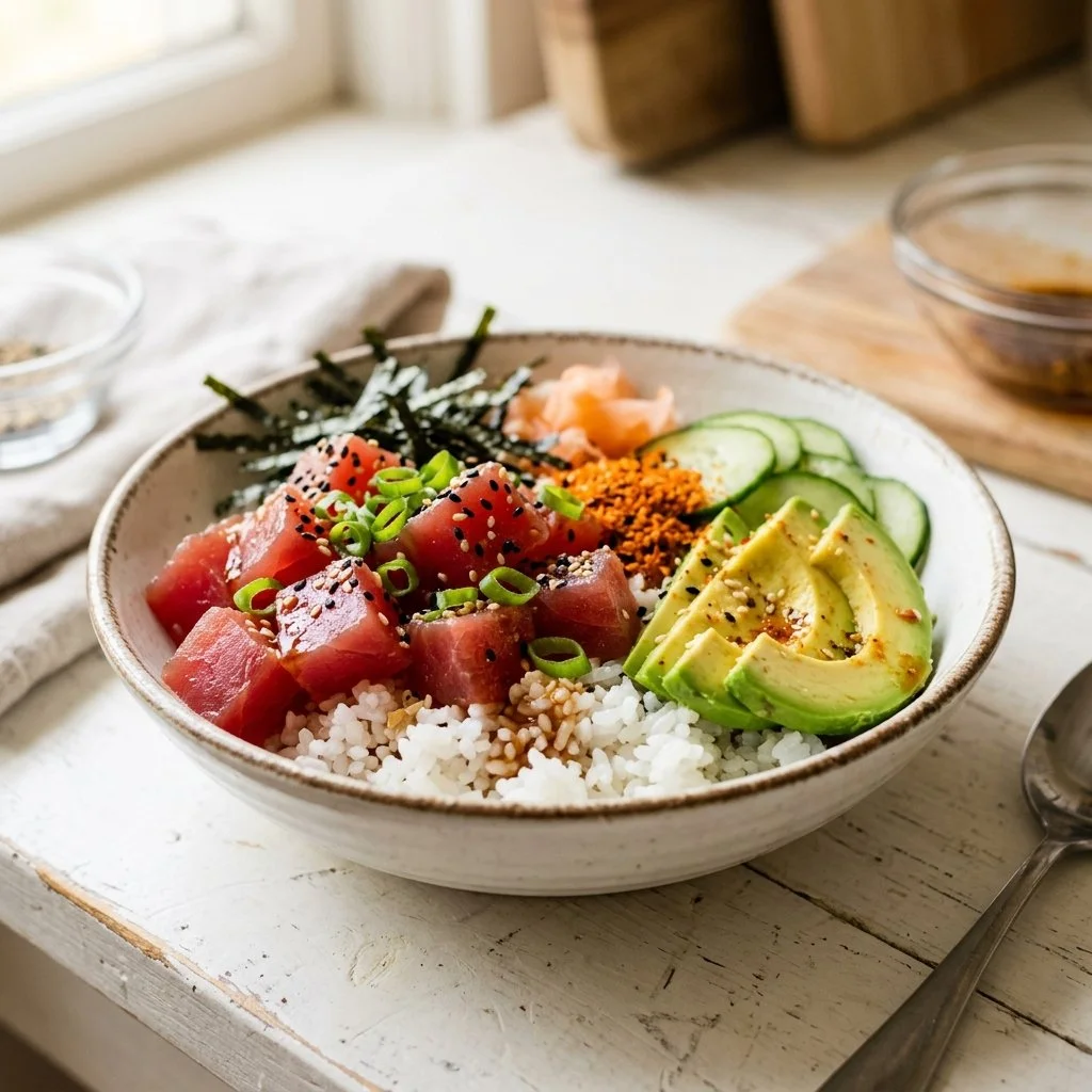 Delicious tuna rice bowl garnished with fresh vegetables and sesame seeds.