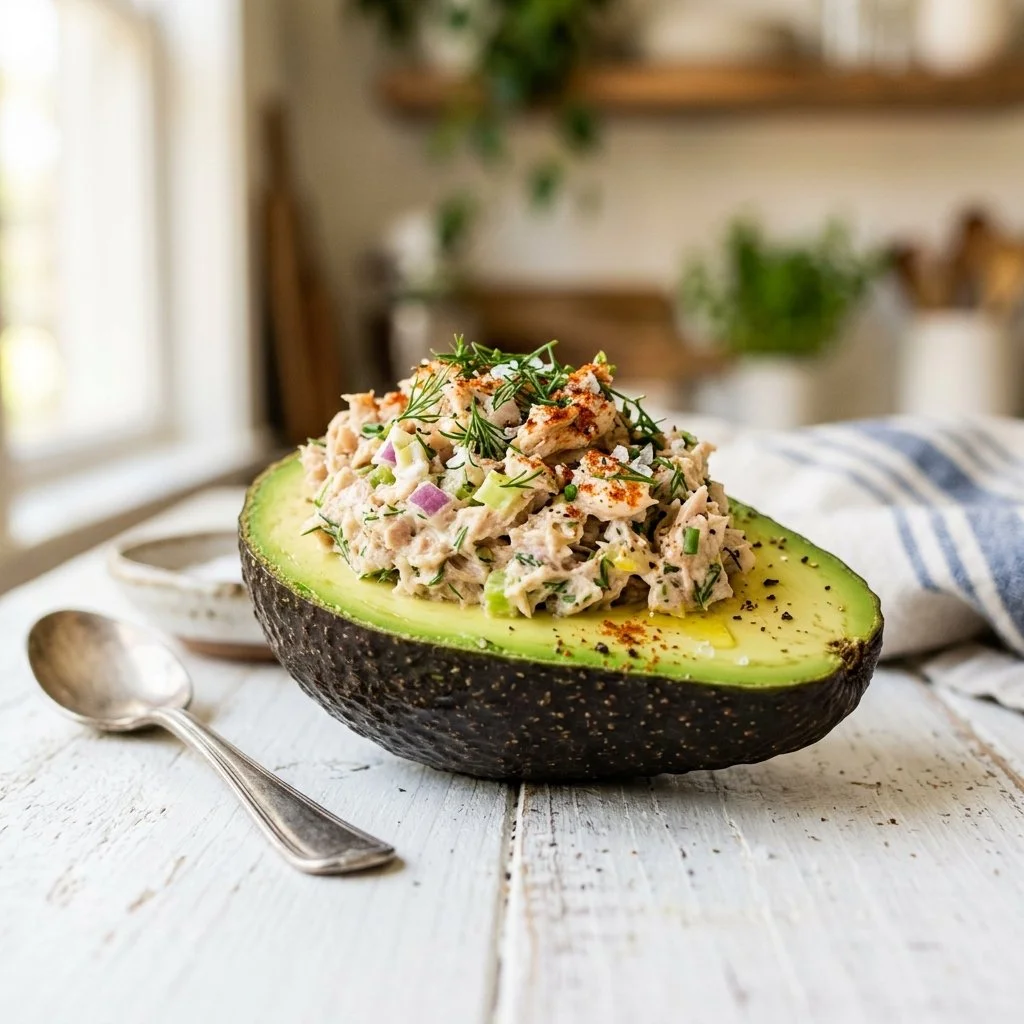 Healthy tuna stuffed avocado recipe with fresh ingredients