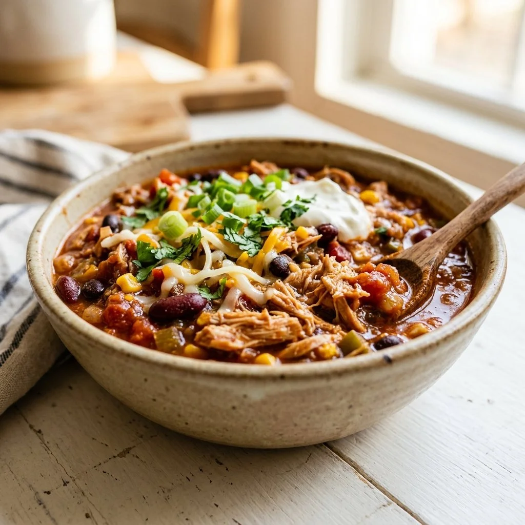 Delicious homemade Turkey Chili served in a bowl with toppings