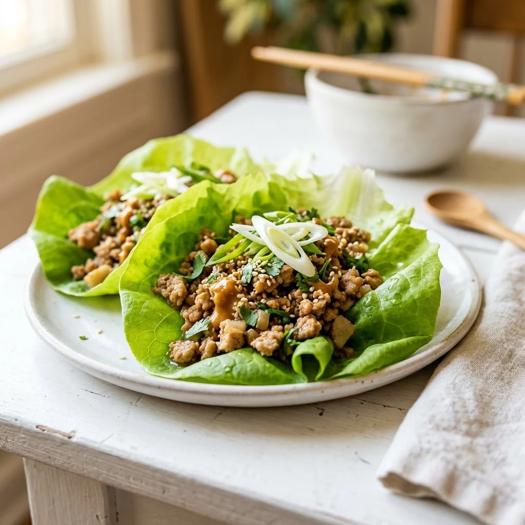 Delicious Turkey Lettuce Wraps served with fresh vegetables and savory sauce.