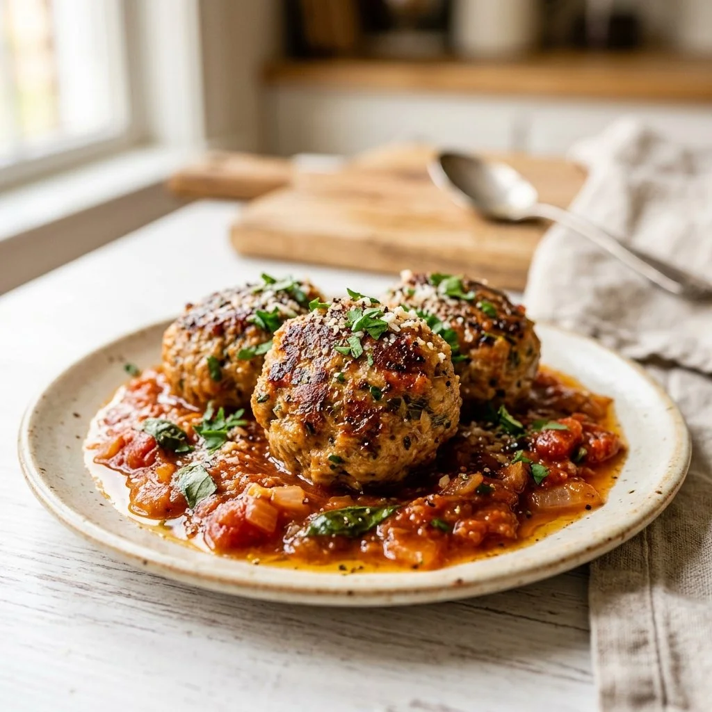 Homemade turkey meatballs on a plate with garnish