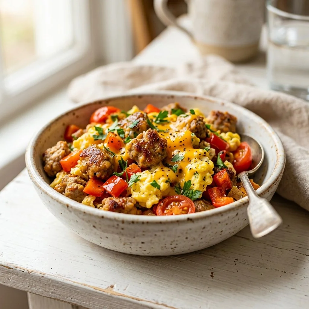 Delicious turkey sausage breakfast on a plate with eggs and toast