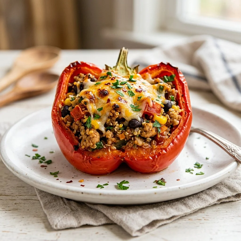 Delicious turkey stuffed peppers topped with fresh herbs