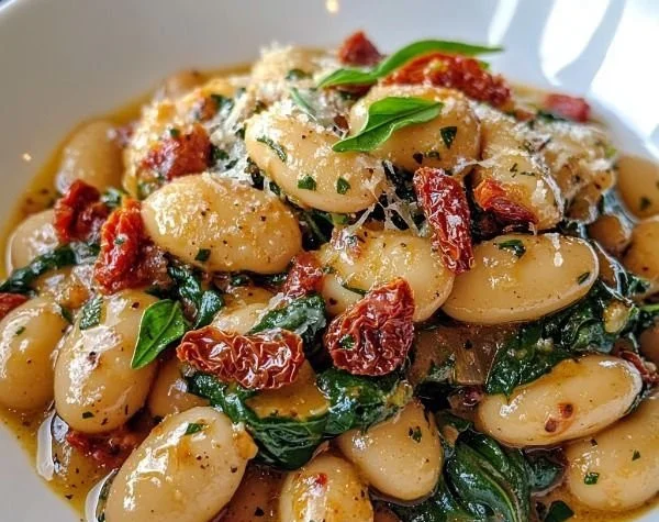 Tuscan Butter Beans with Spinach and Sun-Dried Tomatoes served in a bowl