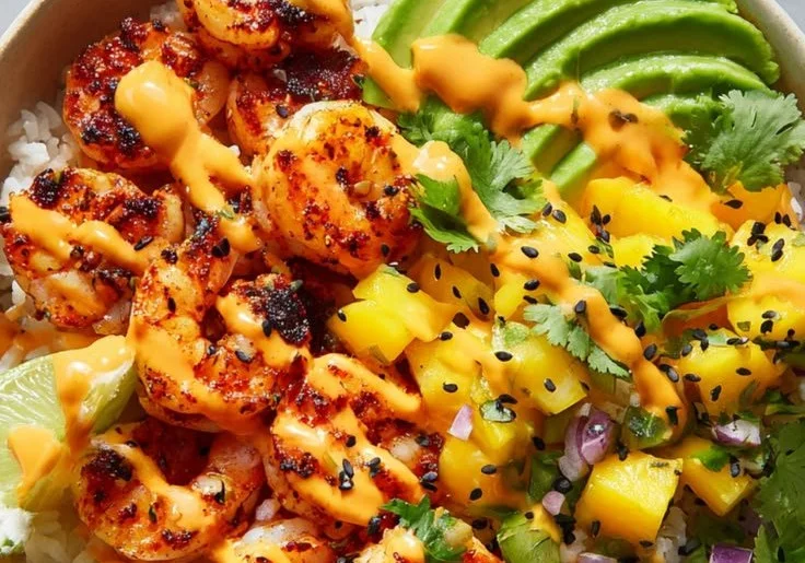 Ultimate charred shrimp and avocado bowl topped with fresh ingredients