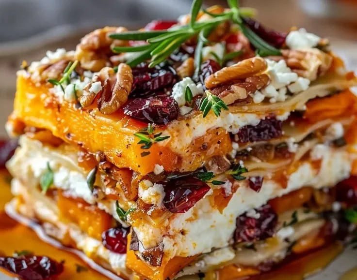 Delicious vegetable lasagna with layers of sweet potato, butternut squash, and carrots.