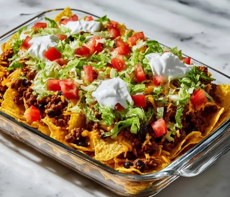 Delicious Walking Taco Casserole served in a dish with toppings