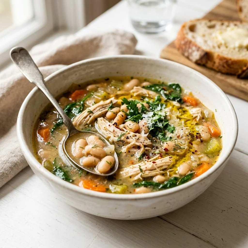 Bowl of homemade White Bean Chicken Soup with herbs and spices
