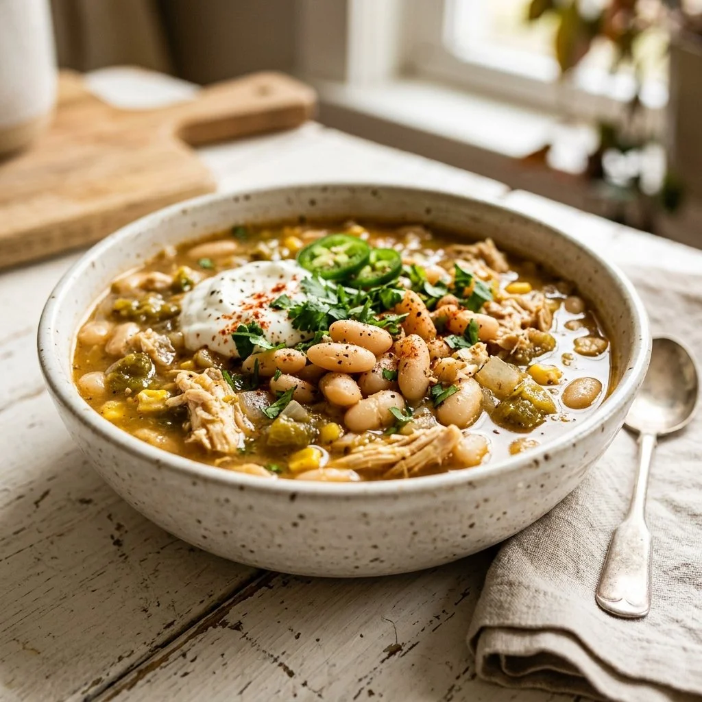 Bowl of white bean chili topped with cilantro and diced onions