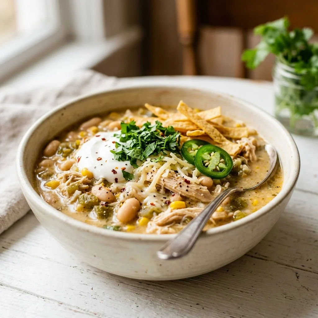 Delicious bowl of white chicken chili garnished with cilantro and lime.