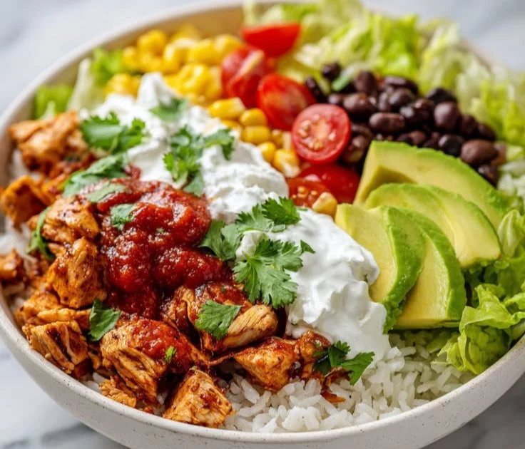 Delicious wholesome chicken taco bowls with fresh ingredients.
